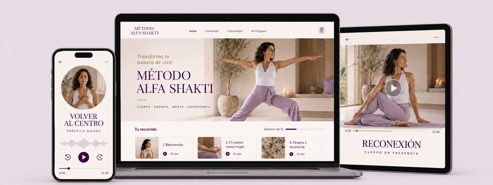 Mockup completo del Método Alfa Shakti en ordenador, tableta y móvil