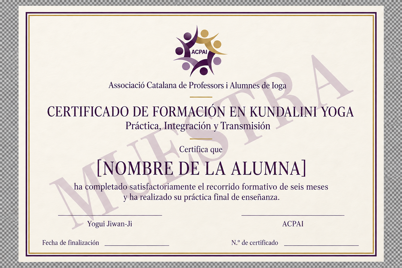 Certificado de Formación en Kundalini Yoga completo con marca de agua MUESTRA