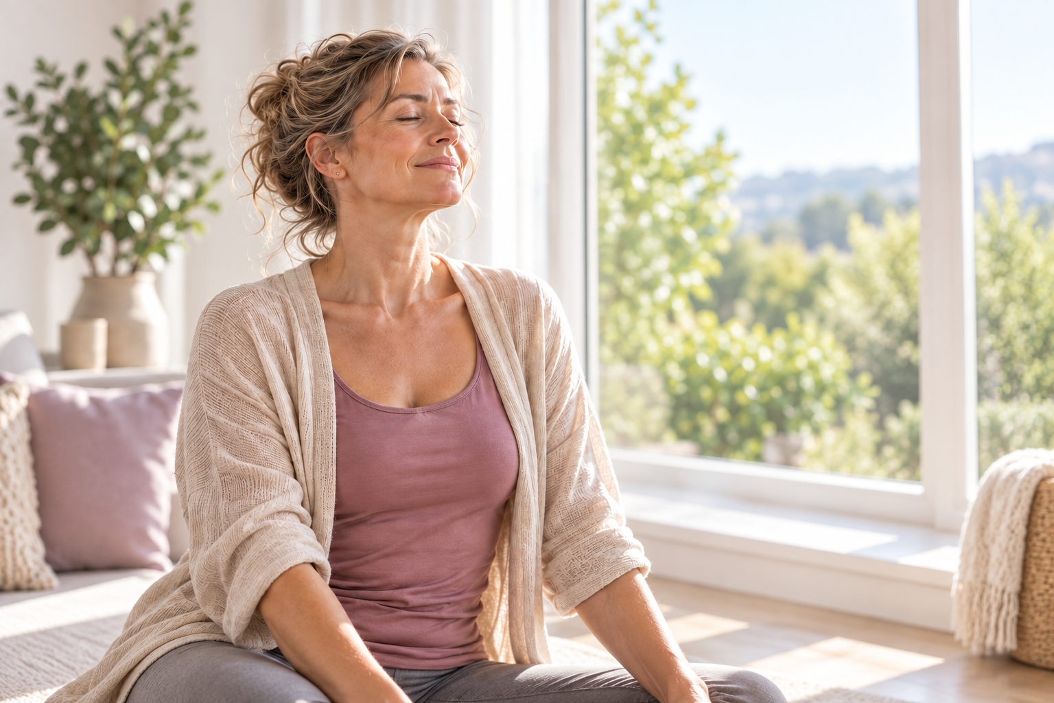 Mujer en calma practicando respiración consciente