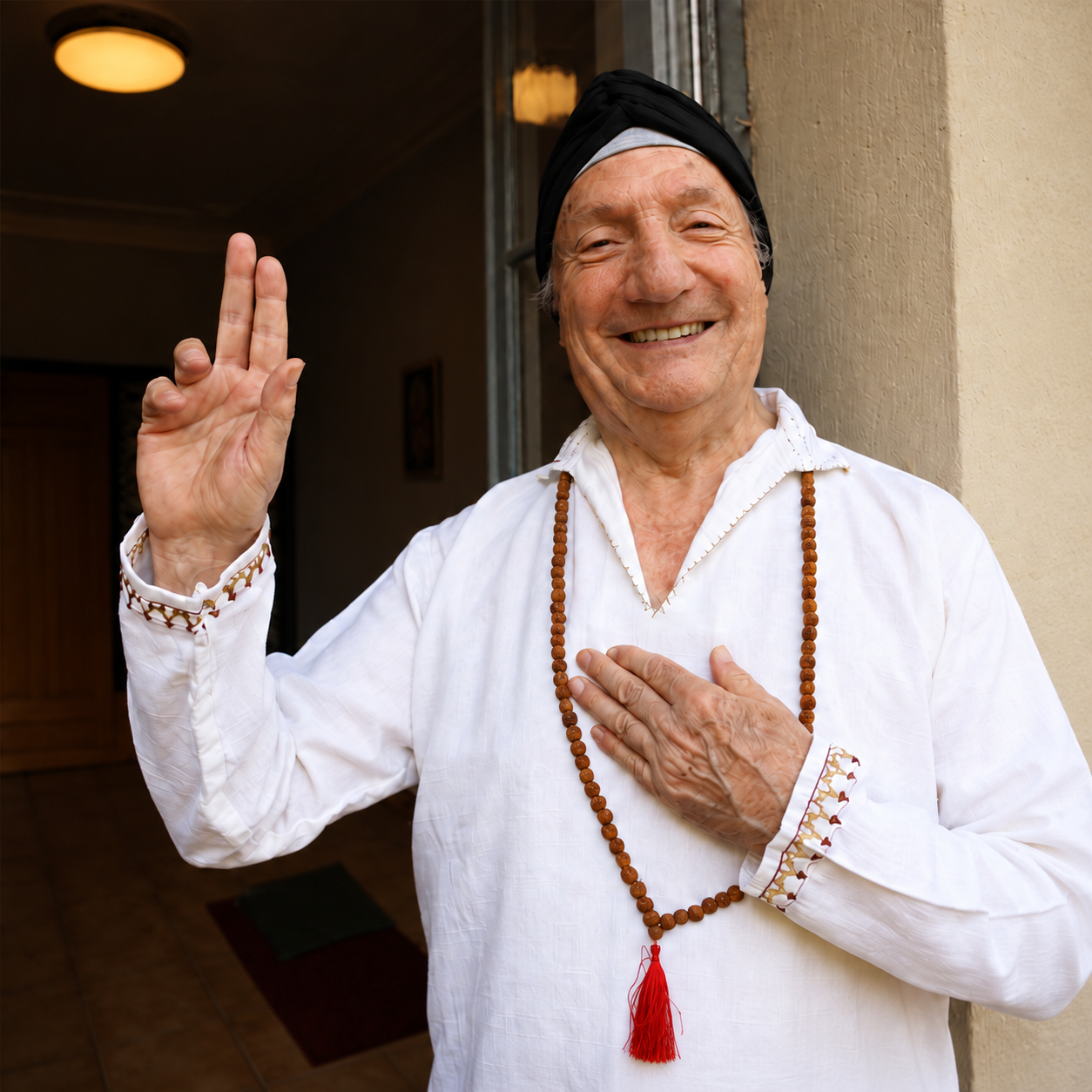 Yogui Jiwan-Ji con turbante, una mano levantada en mudra y la otra sobre el corazón, con mala visible en un entorno sereno